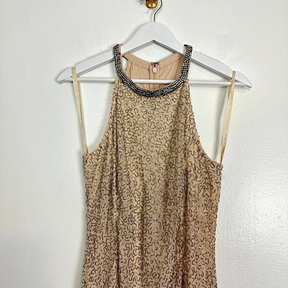 MAC DUGGAL Bugle Bead Halter Sheath Gown in Nude Silver Size US 8 - Picture 4 of 12